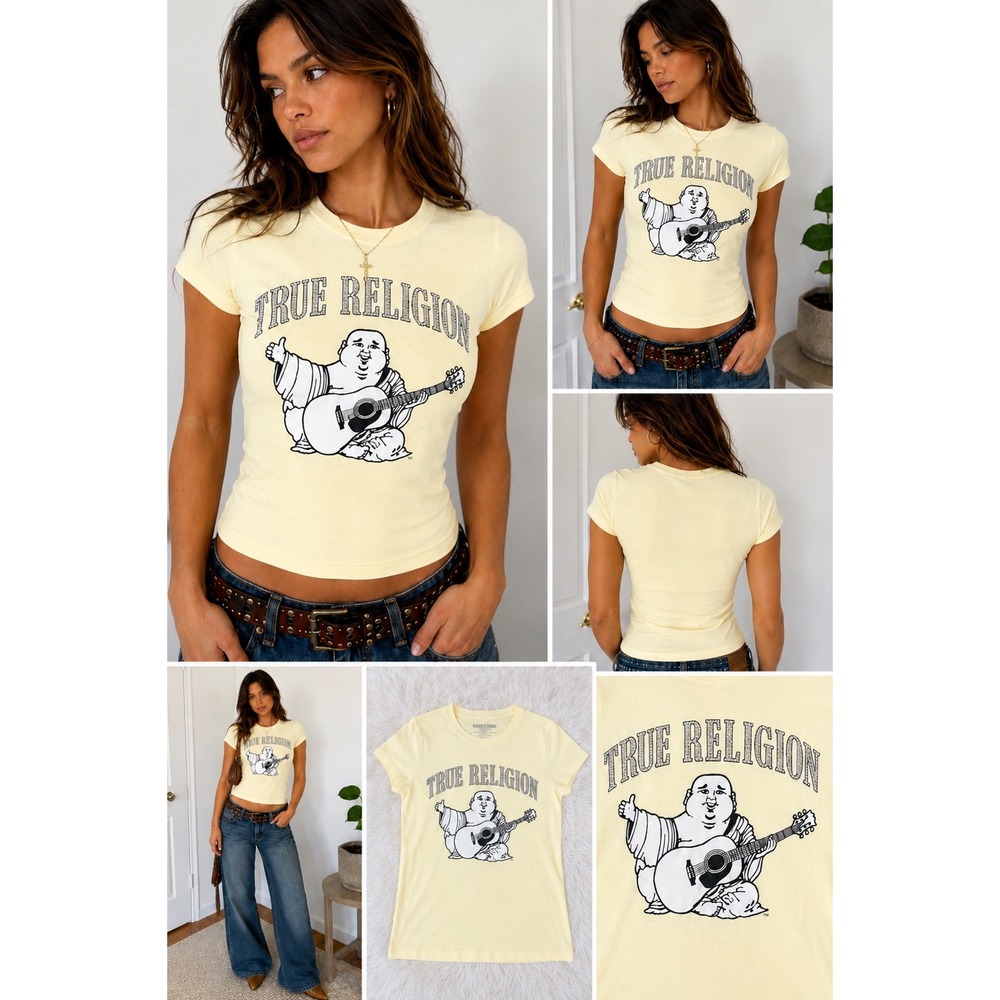 True Religion Tee Womens XS Yellow Buddha Guitar Rhinestone Vintage Y2K Graphic